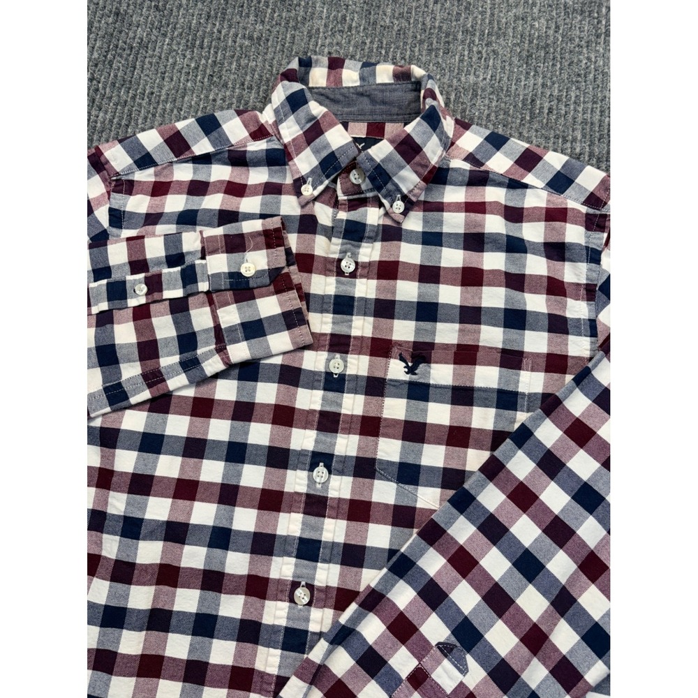 American Eagle Mens Classic Fit Plaid Button Down Shirt Burgundy Navy XS